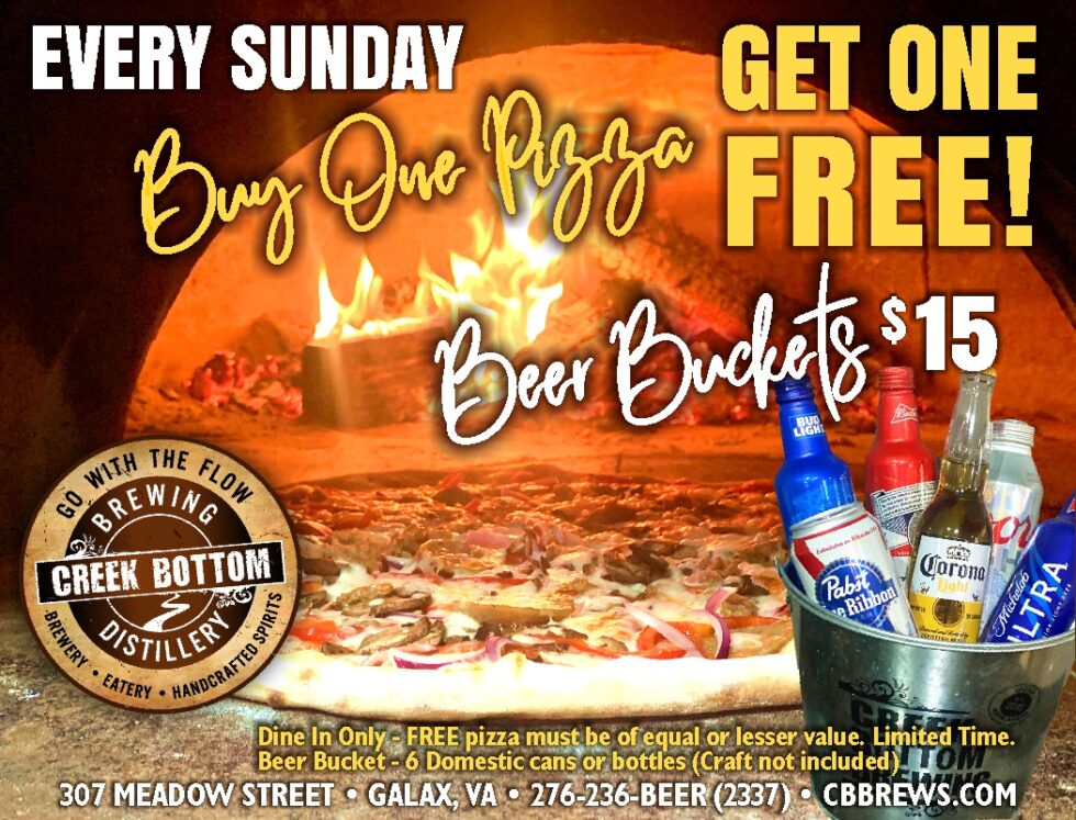Buy 1 Pizza, Get 1 Free & 15 Beer Buckets Every Sunday Creek Bottom
