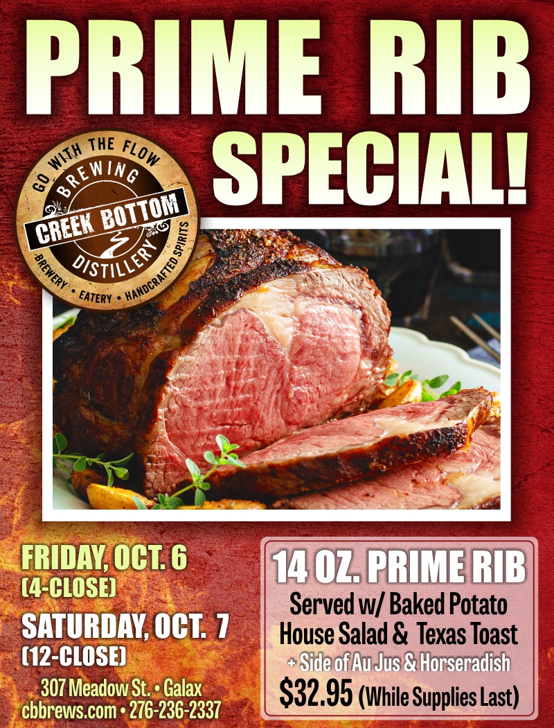 Prime Rib Special to Fall! Creek Bottom Brewing
