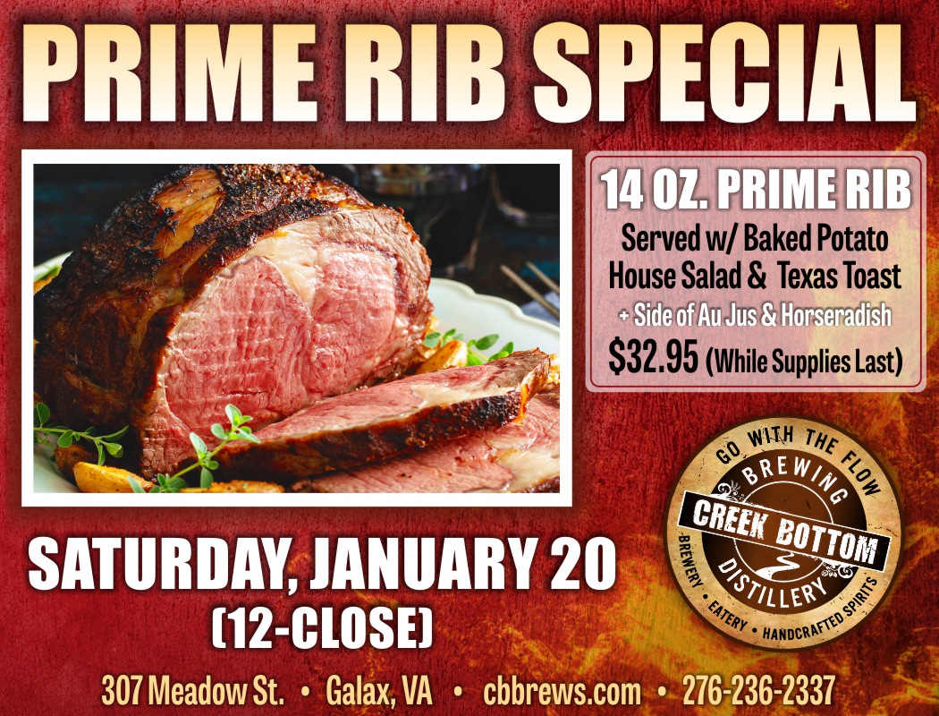 Prime Rib Special This Saturday, Jan. 20 Creek Bottom Brewing