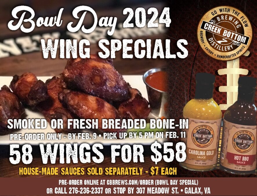 Bowl Day 2024 Wing Specials Creek Bottom Brewing