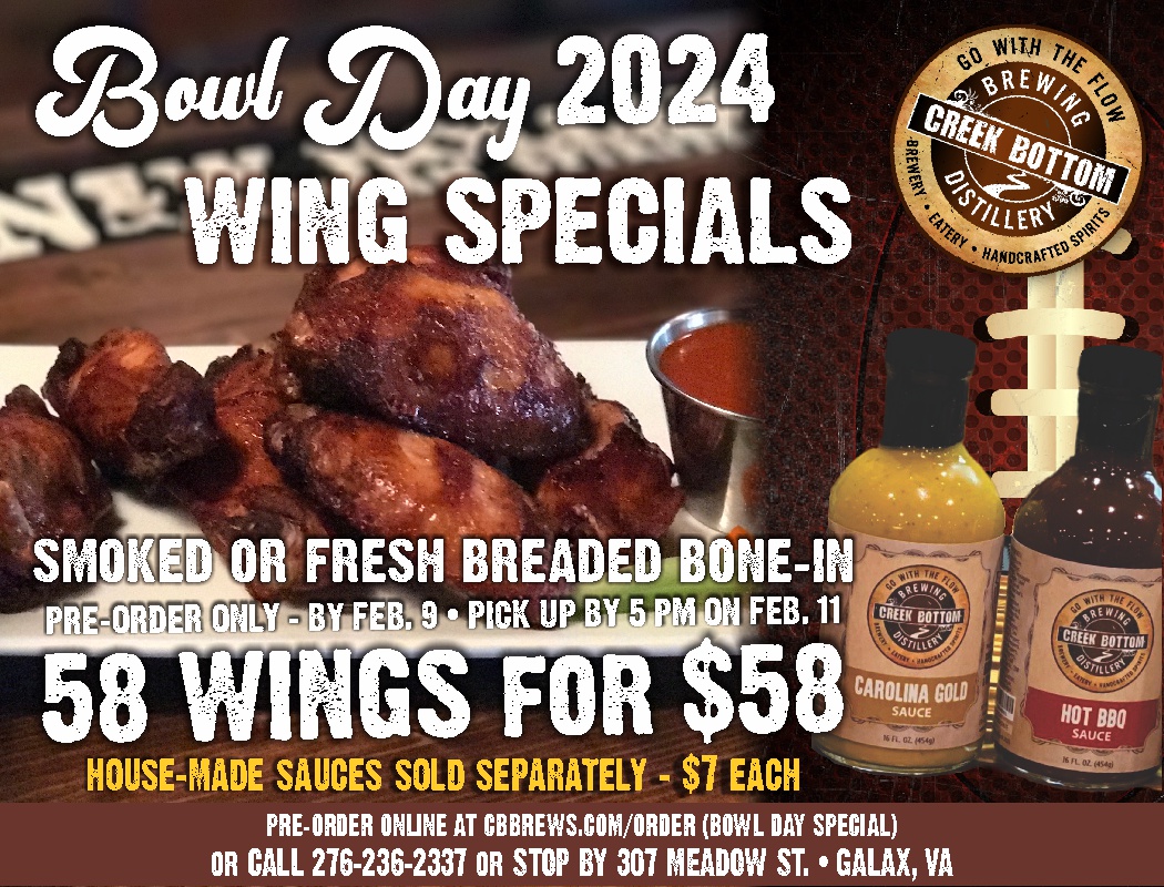 Bowl Day 2024 Wing Specials Creek Bottom Brewing