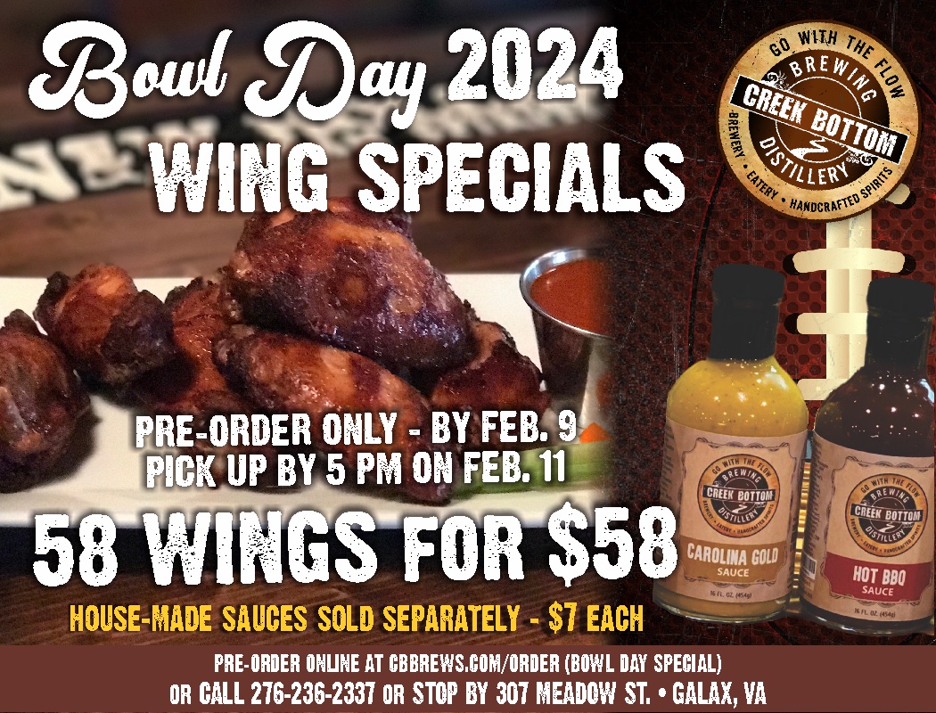 Bowl Day 2024 Wing Specials Creek Bottom Brewing