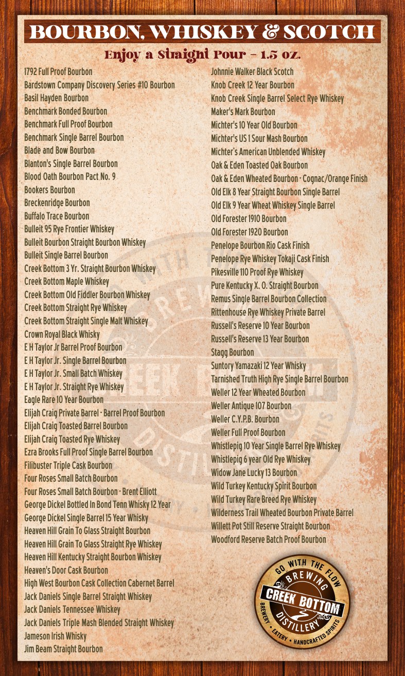 80+ Choices of Bourbon & Whiskey at Creek Bottom!